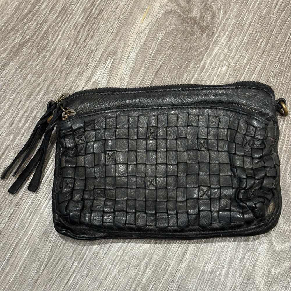 Monserat De Lucca Black Woven Leather Pouch Clutch Zip Bag Boho Indie Sleaze